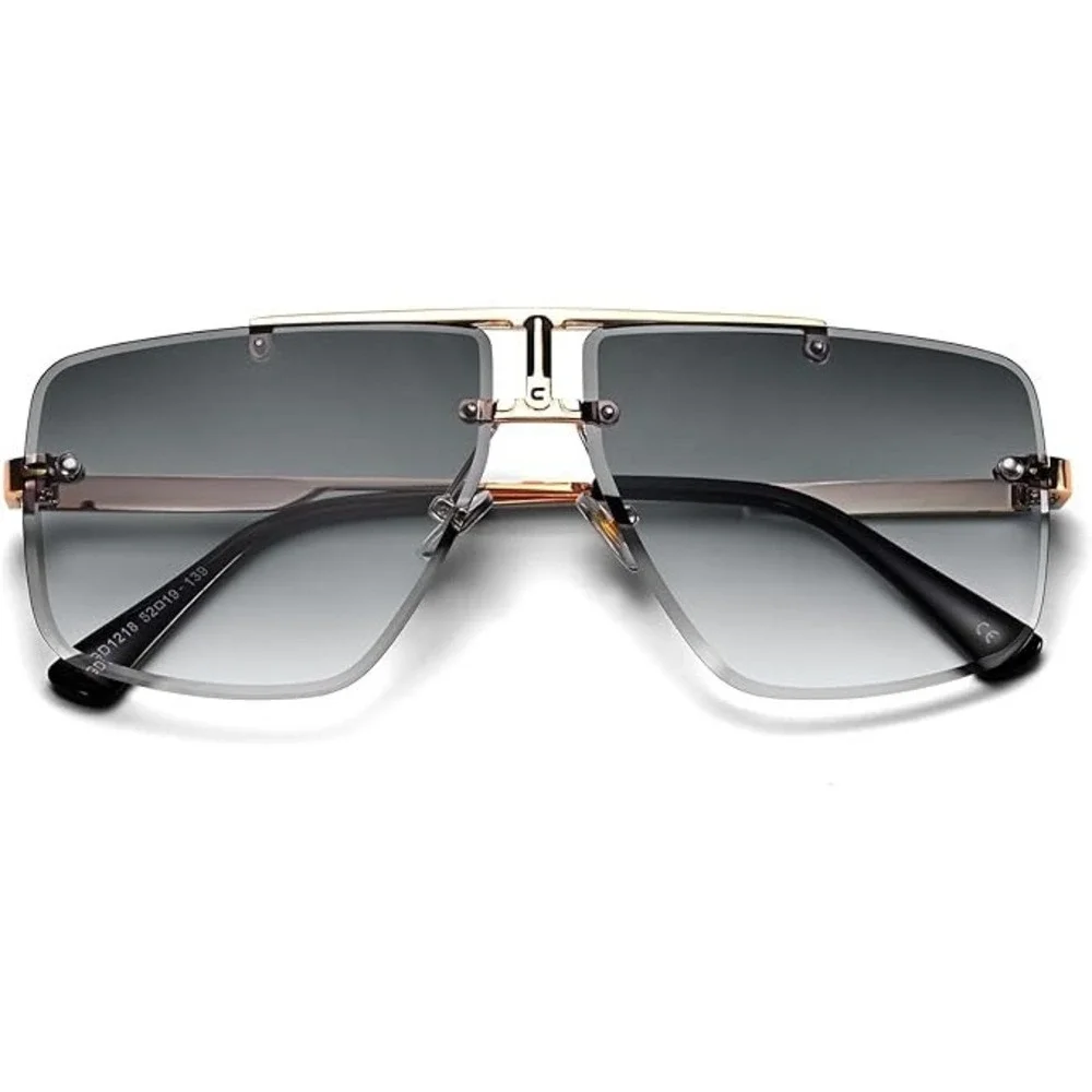 Men's Oversized Rimless Shield Sunglasses Gold Double Bridge Gradient Lenses New